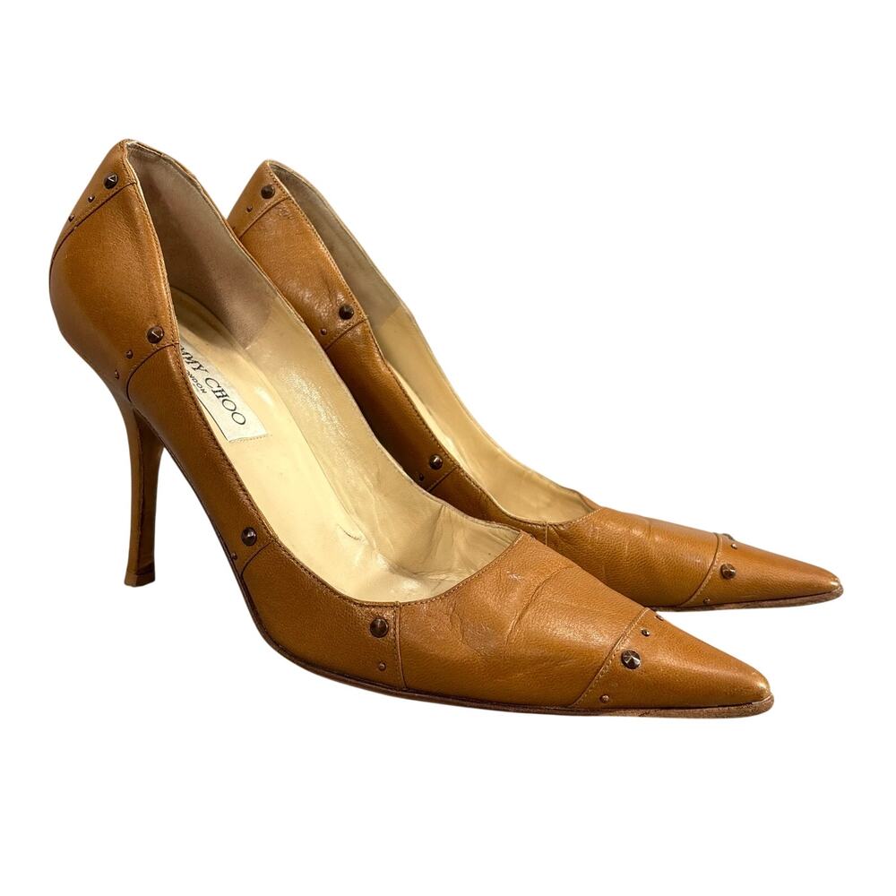Jimmy Choo Brown Leather Studded Pointed Toe Stiletto Pumps EU 40 Y2K